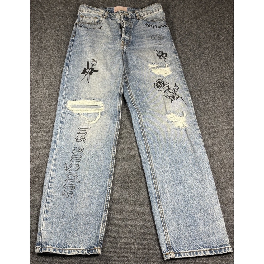 Revice Denim Straight‎ Leg Jeans Womens 28 Blue Tattoo Graphic Distressed